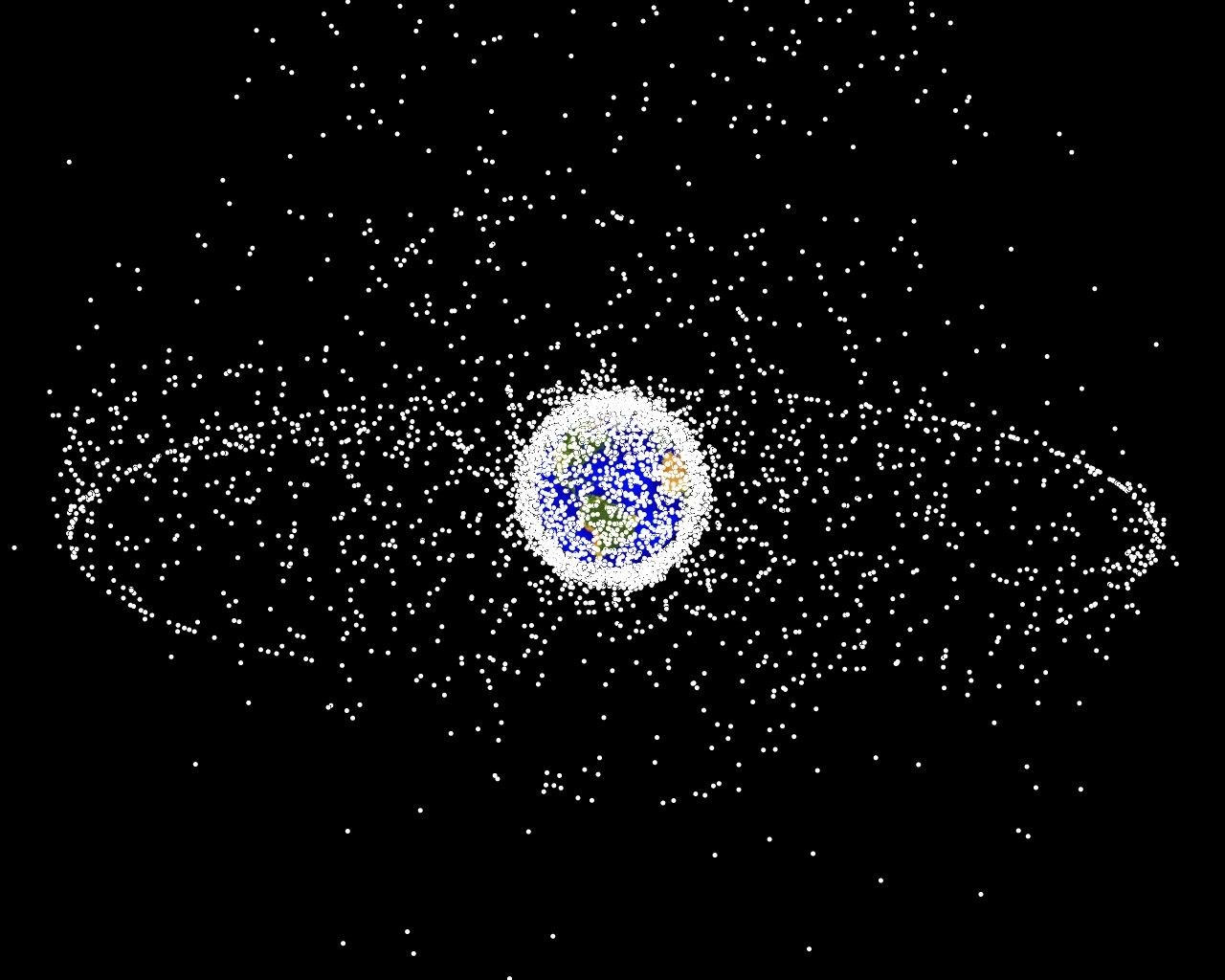 Компьютерная модель распределения космических объектов в космосе, согласно описанию NASA 95 % из них являются мусором