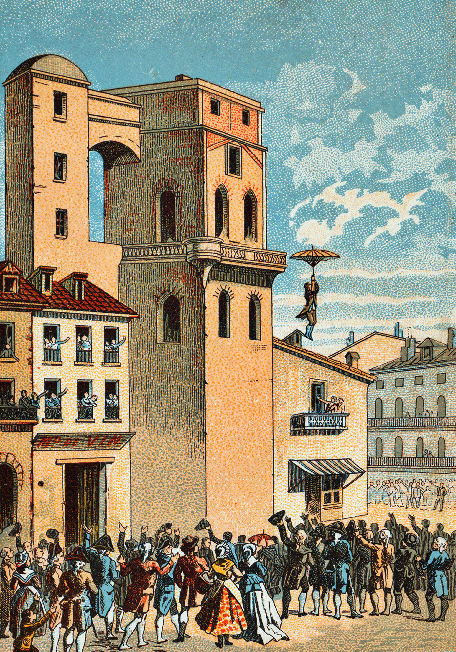 Луи-Себастьян Ленорман прыгает с башни обсерватории в Монпелье, 1783 год. Рисунок конца XIX века.