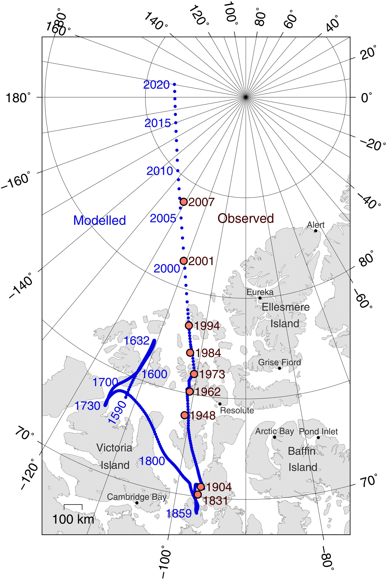 Схема перемещения северного магнитного полюса Земли